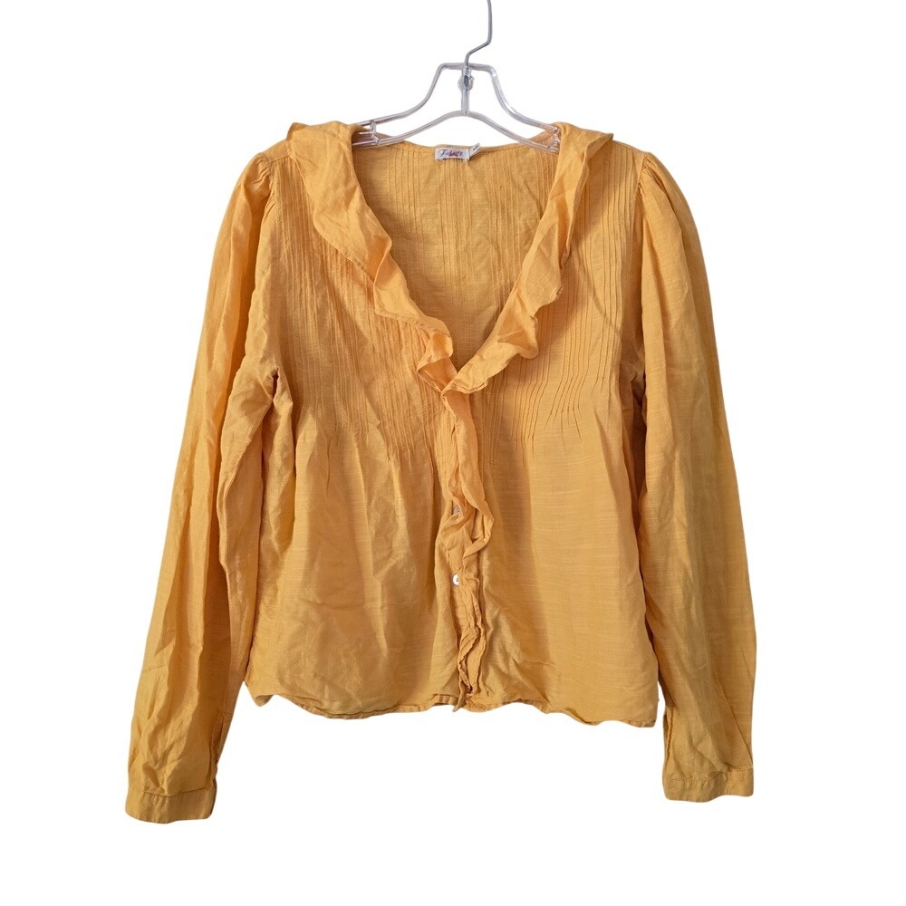 FAHERTY‎  Marigold Top Medium RUFFLE V-neck Button Down Blouse Pintuck Ruffled